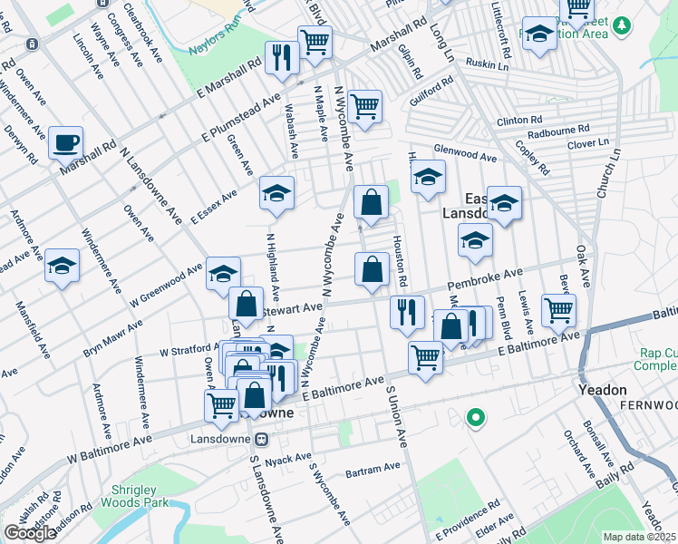 map of restaurants, bars, coffee shops, grocery stores, and more near 105 McKinley Avenue in Lansdowne