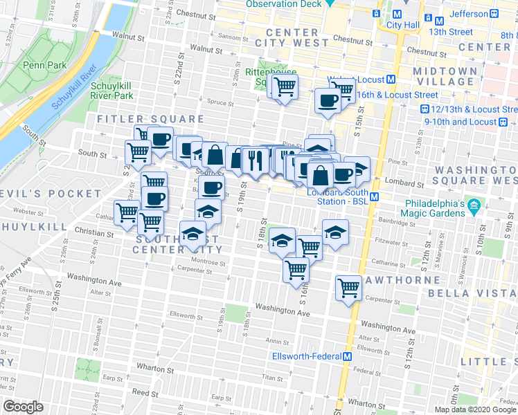 map of restaurants, bars, coffee shops, grocery stores, and more near 1811 Pemberton Street in Philadelphia