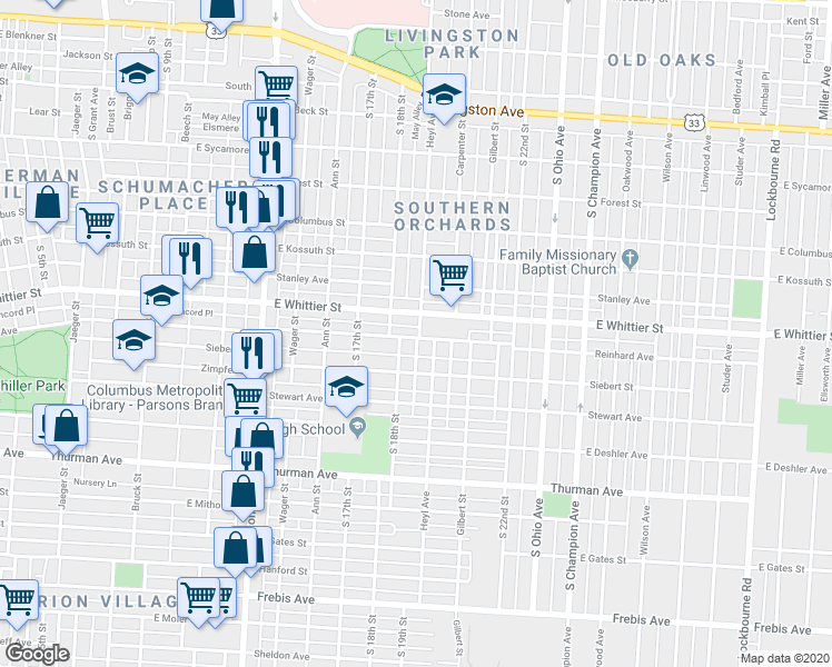map of restaurants, bars, coffee shops, grocery stores, and more near 730 Reinhard Avenue in Columbus