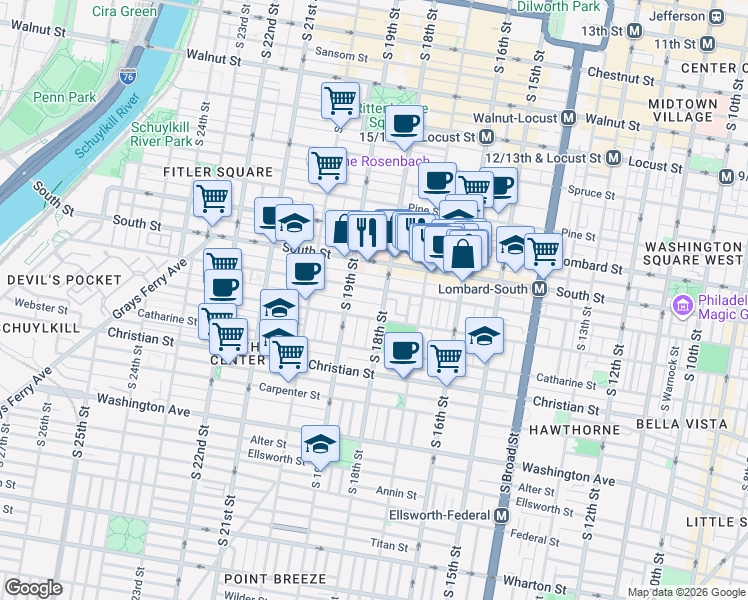 map of restaurants, bars, coffee shops, grocery stores, and more near in Philadelphia