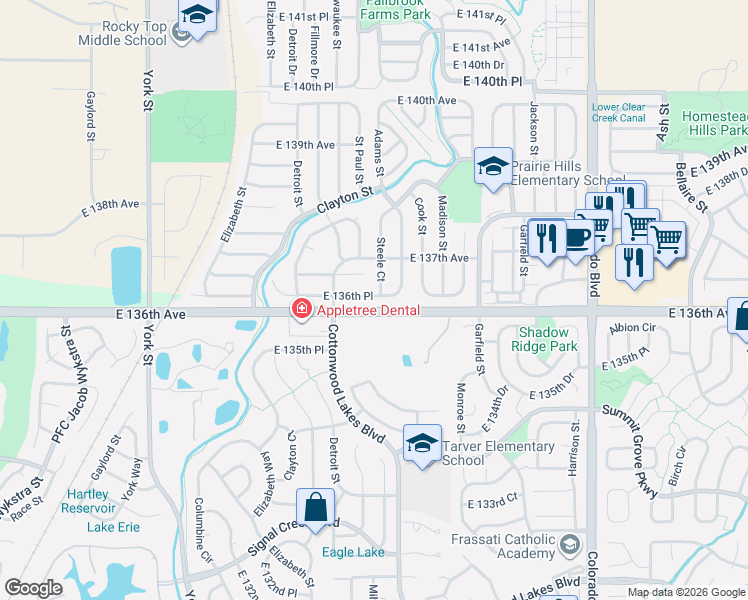 map of restaurants, bars, coffee shops, grocery stores, and more near 3212 East 136th Place in Thornton