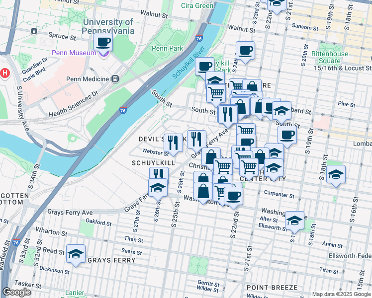 map of restaurants, bars, coffee shops, grocery stores, and more near 300 Surgeon Generals Court in Philadelphia