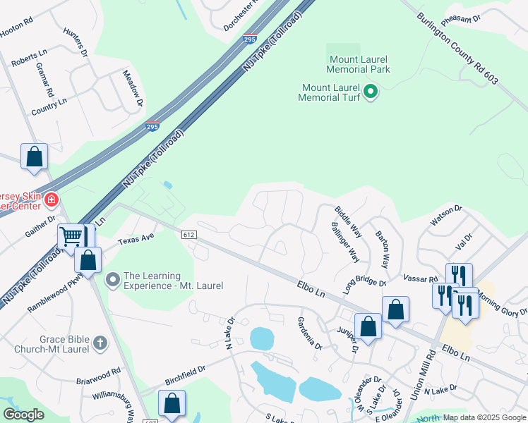 map of restaurants, bars, coffee shops, grocery stores, and more near Stokes Road in Mount Laurel