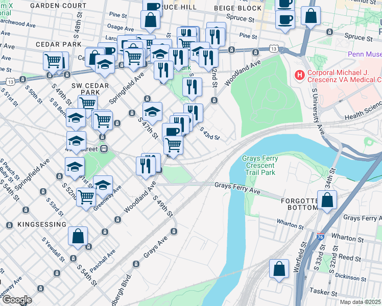 map of restaurants, bars, coffee shops, grocery stores, and more near 1355 South 46th Street in Philadelphia