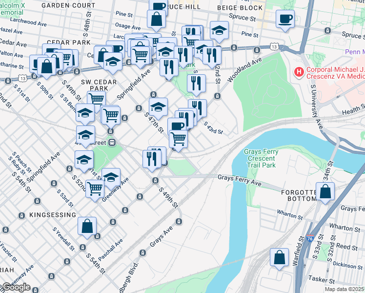 map of restaurants, bars, coffee shops, grocery stores, and more near 1316 South May Street in Philadelphia