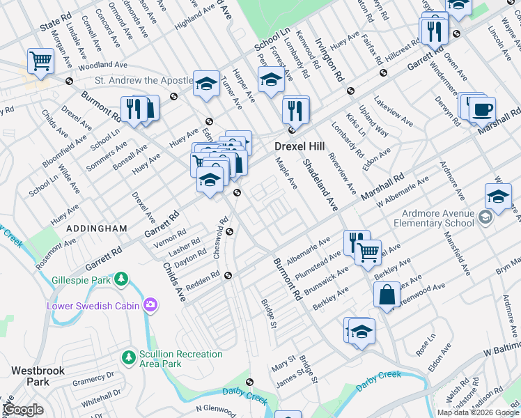 map of restaurants, bars, coffee shops, grocery stores, and more near 349 Francis Street in Drexel Hill