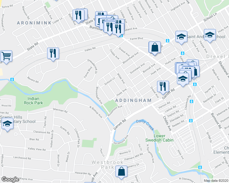 map of restaurants, bars, coffee shops, grocery stores, and more near 507 Alexander Avenue in Drexel Hill