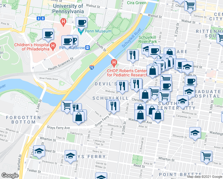 map of restaurants, bars, coffee shops, grocery stores, and more near 2644 Catharine Street in Philadelphia