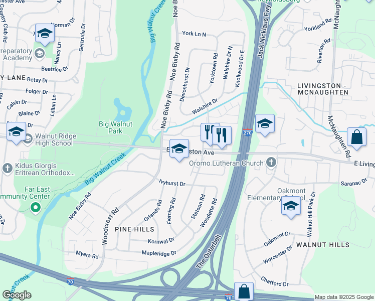 map of restaurants, bars, coffee shops, grocery stores, and more near 5360 East Livingston Avenue in Columbus