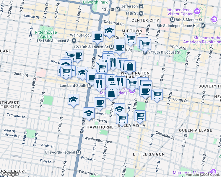 map of restaurants, bars, coffee shops, grocery stores, and more near 1217 South Street in Philadelphia