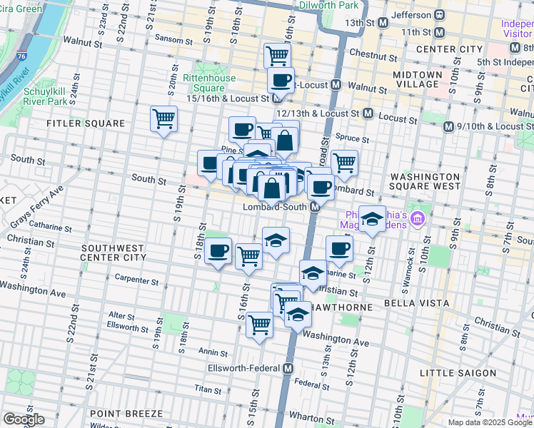 map of restaurants, bars, coffee shops, grocery stores, and more near 1531 Bainbridge Street in Philadelphia