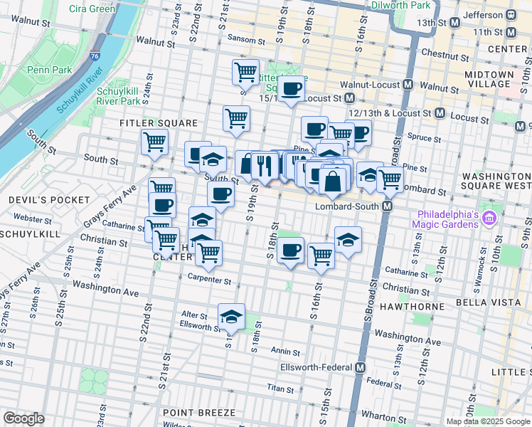map of restaurants, bars, coffee shops, grocery stores, and more near 1819 Pemberton Street in Philadelphia