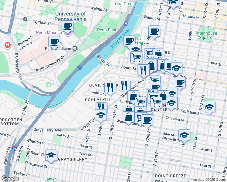 map of restaurants, bars, coffee shops, grocery stores, and more near 502 Captains Way in Philadelphia