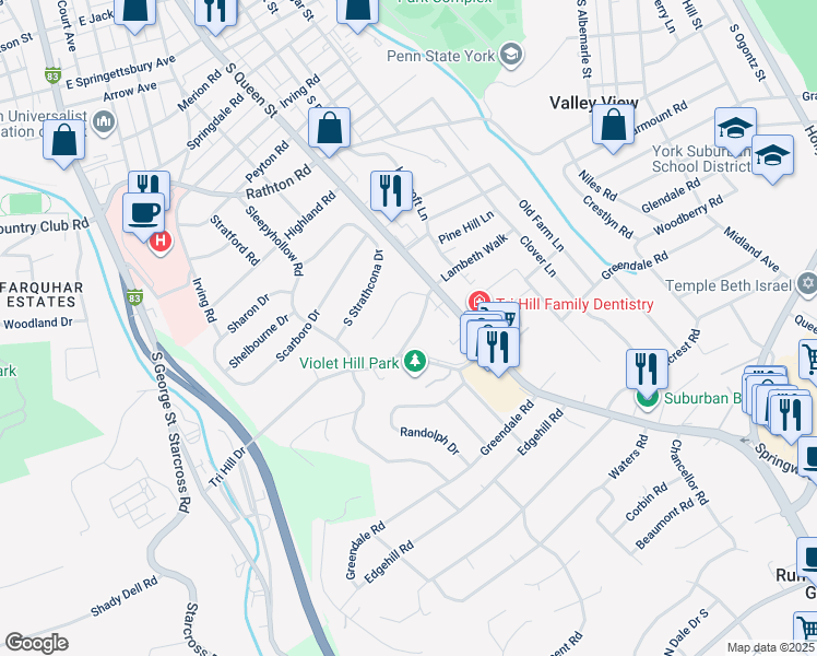 map of restaurants, bars, coffee shops, grocery stores, and more near 369 Tri Hill Drive in York