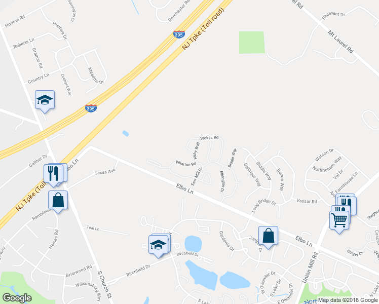 map of restaurants, bars, coffee shops, grocery stores, and more near 2604 Stokes Road in Mount Laurel