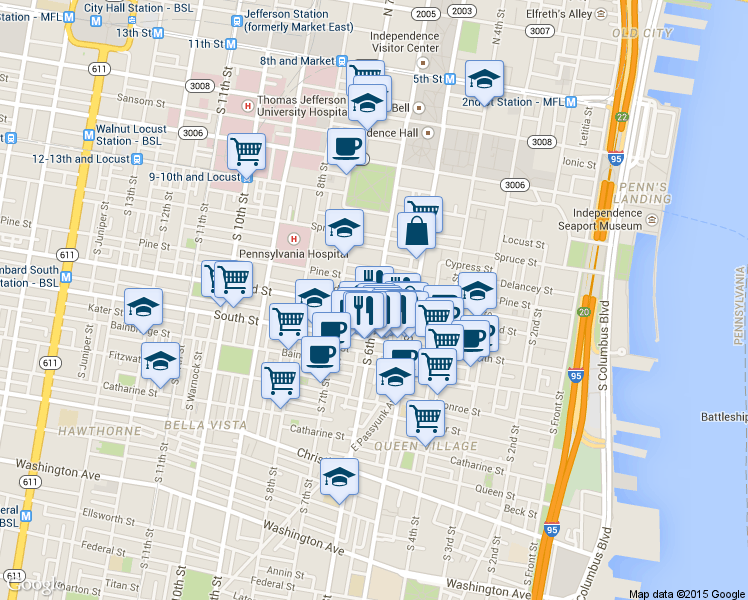 map of restaurants, bars, coffee shops, grocery stores, and more near 528 Pine Street in Philadelphia