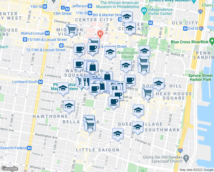 map of restaurants, bars, coffee shops, grocery stores, and more near 816 Lombard Street in Philadelphia