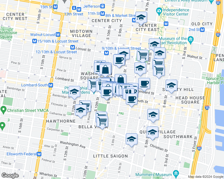 map of restaurants, bars, coffee shops, grocery stores, and more near 816 Lombard Street in Philadelphia