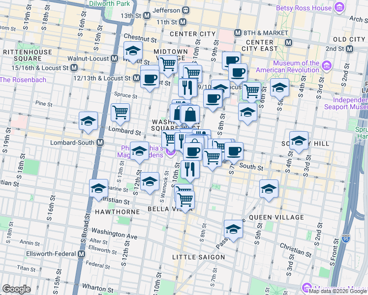 map of restaurants, bars, coffee shops, grocery stores, and more near 900 Lombard Street in Philadelphia