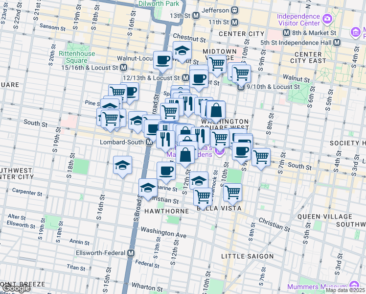 map of restaurants, bars, coffee shops, grocery stores, and more near 1219 South Street in Philadelphia