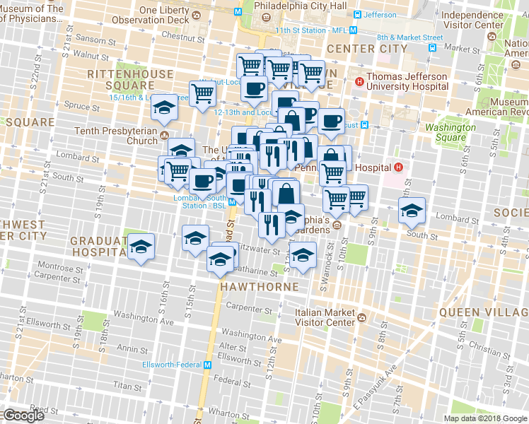map of restaurants, bars, coffee shops, grocery stores, and more near in Philadelphia