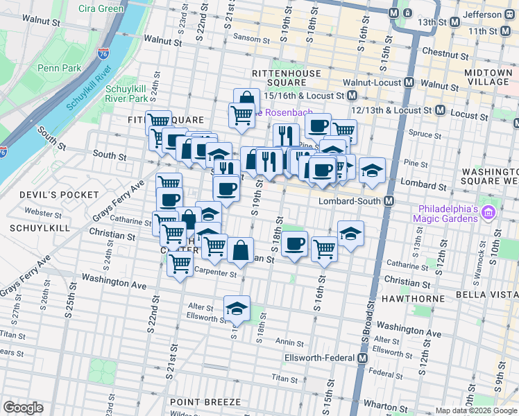map of restaurants, bars, coffee shops, grocery stores, and more near in Philadelphia