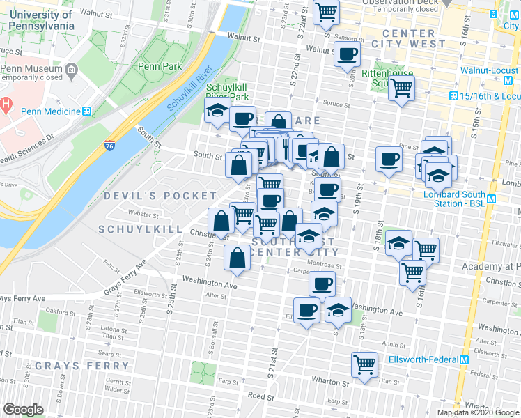 map of restaurants, bars, coffee shops, grocery stores, and more near 2230 Fitzwater Street in Philadelphia