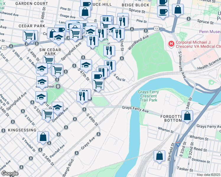 map of restaurants, bars, coffee shops, grocery stores, and more near 1354 South 46th Street in Philadelphia