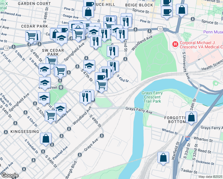 map of restaurants, bars, coffee shops, grocery stores, and more near 1355 South 46th Street in Philadelphia