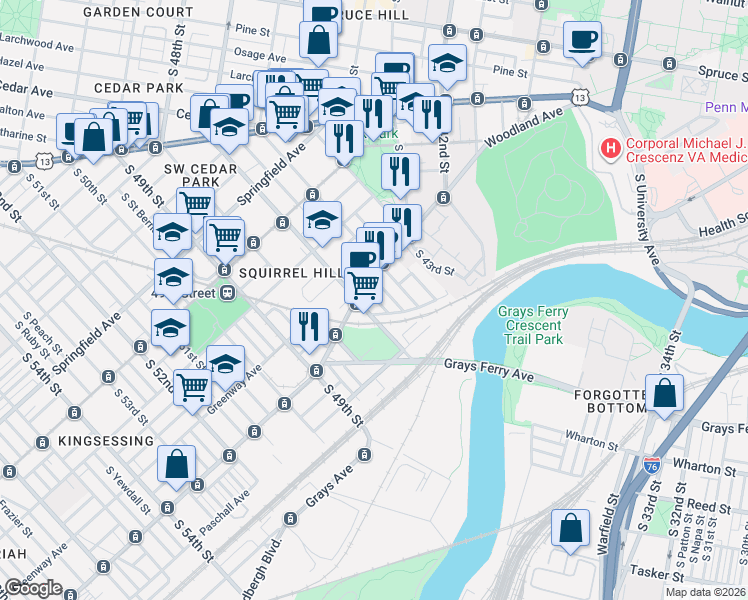 map of restaurants, bars, coffee shops, grocery stores, and more near 4620 Woodland Avenue in Philadelphia