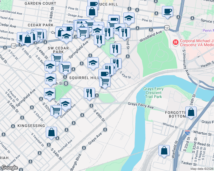 map of restaurants, bars, coffee shops, grocery stores, and more near 4620 Woodland Avenue in Philadelphia