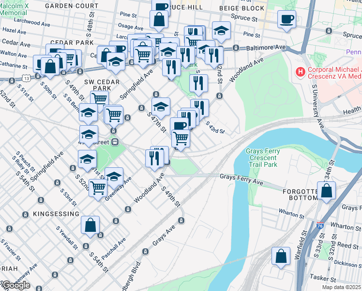 map of restaurants, bars, coffee shops, grocery stores, and more near 4620 Woodland Avenue in Philadelphia
