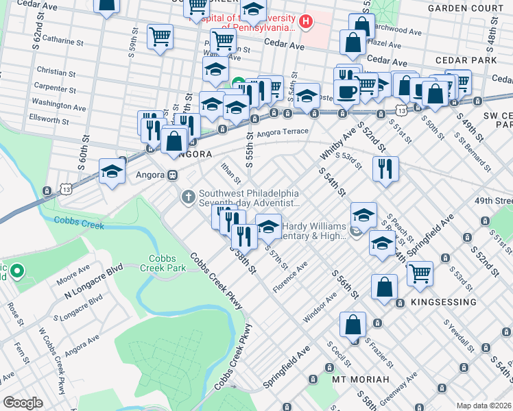 map of restaurants, bars, coffee shops, grocery stores, and more near 5634 Elliott Street in Philadelphia