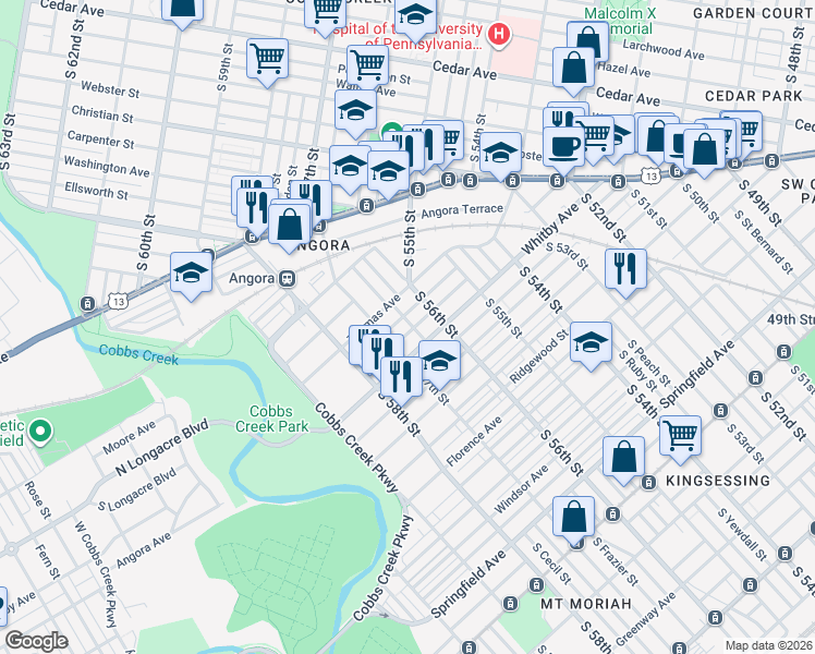 map of restaurants, bars, coffee shops, grocery stores, and more near 5634 Elliott Street in Philadelphia
