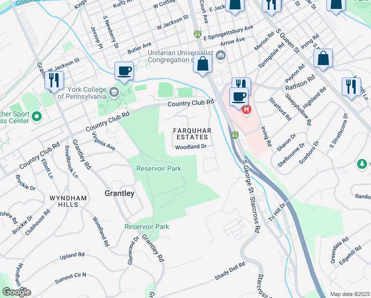 map of restaurants, bars, coffee shops, grocery stores, and more near 171 Woodland Drive in York