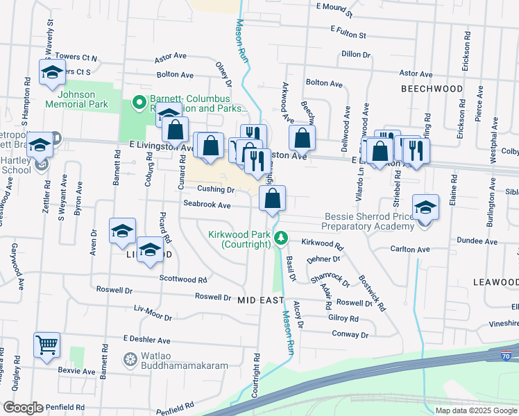 map of restaurants, bars, coffee shops, grocery stores, and more near 3670 Seabrook Avenue in Columbus
