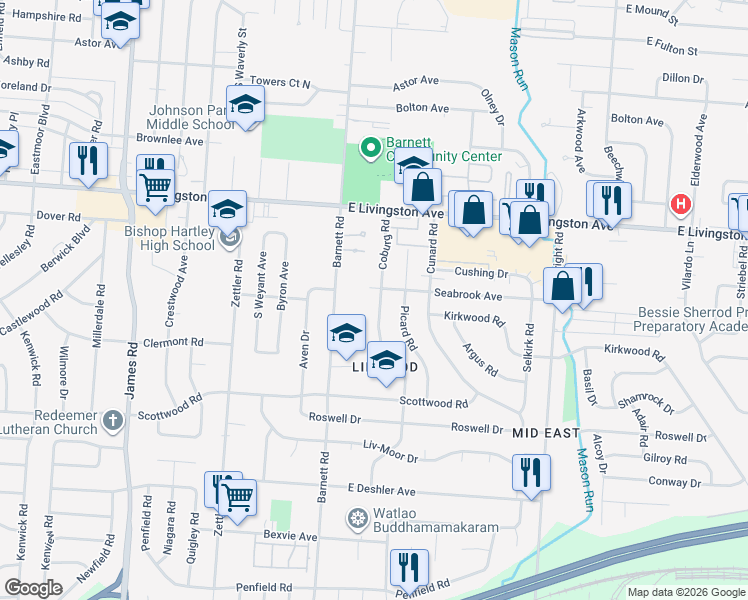 map of restaurants, bars, coffee shops, grocery stores, and more near 3393 Seabrook Avenue in Columbus