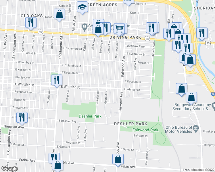 map of restaurants, bars, coffee shops, grocery stores, and more near 1132 Geers Avenue in Columbus