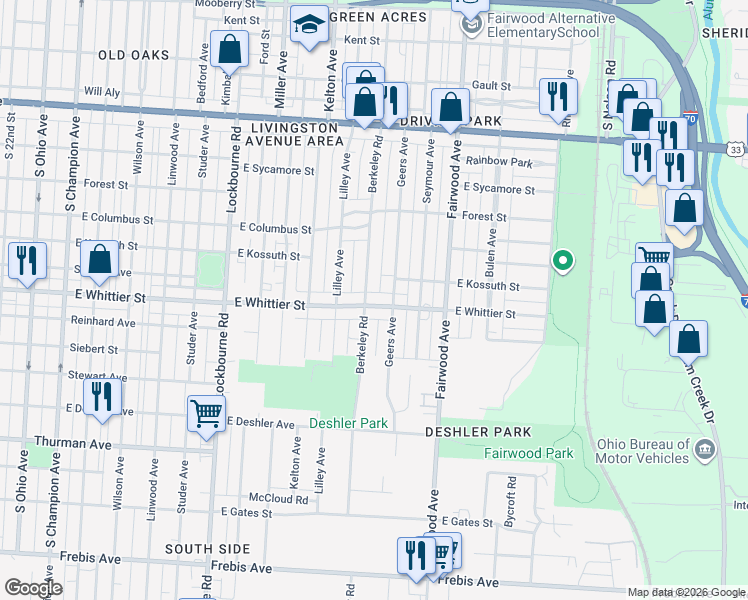 map of restaurants, bars, coffee shops, grocery stores, and more near 1124 Berkeley Road in Columbus