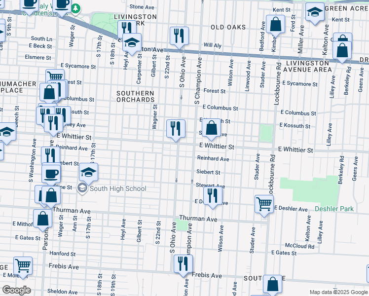 map of restaurants, bars, coffee shops, grocery stores, and more near 955 East Whittier Street in Columbus