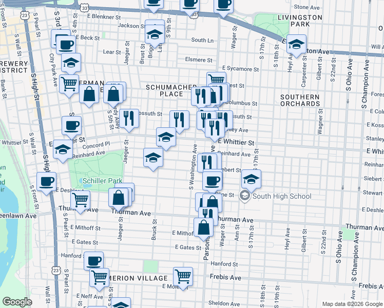 map of restaurants, bars, coffee shops, grocery stores, and more near 462 Reinhard Avenue in Columbus