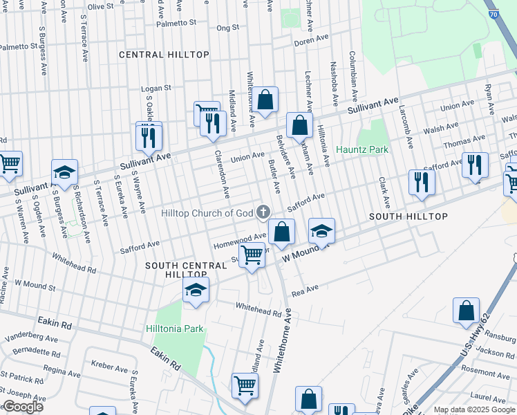 map of restaurants, bars, coffee shops, grocery stores, and more near 2169 Amherst Avenue in Columbus