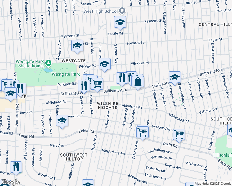 map of restaurants, bars, coffee shops, grocery stores, and more near 2893 Sullivant Avenue in Columbus