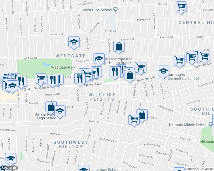 map of restaurants, bars, coffee shops, grocery stores, and more near 2893 Sullivant Avenue in Columbus