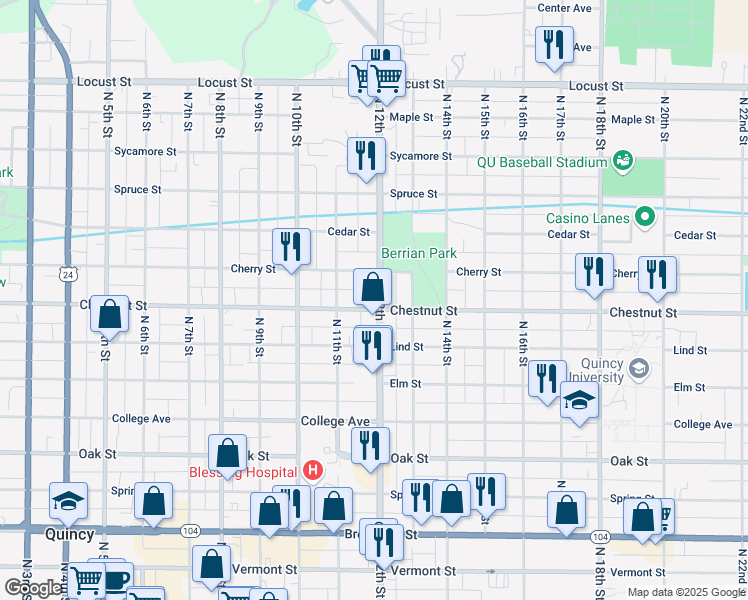map of restaurants, bars, coffee shops, grocery stores, and more near 1012 North 12th Street in Quincy