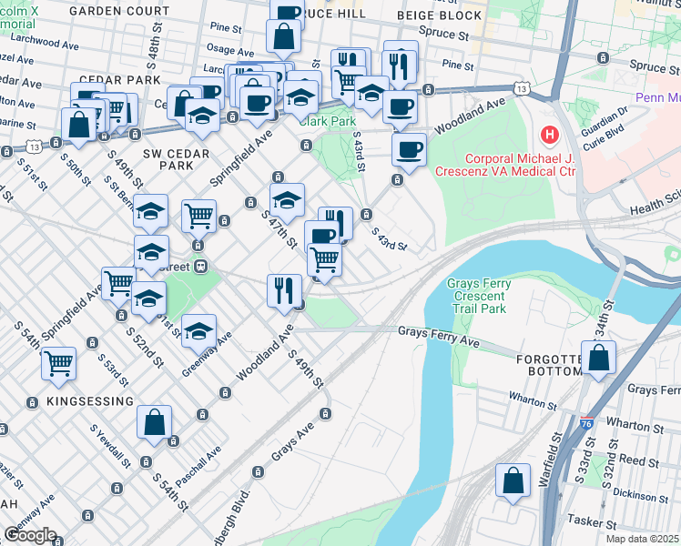 map of restaurants, bars, coffee shops, grocery stores, and more near 1325 South May Street in Philadelphia