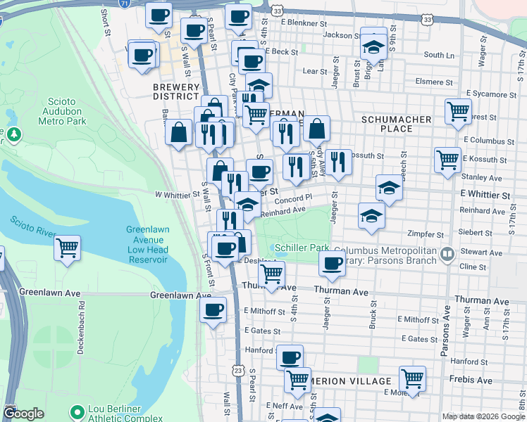 map of restaurants, bars, coffee shops, grocery stores, and more near 937 South 3rd Street in Columbus