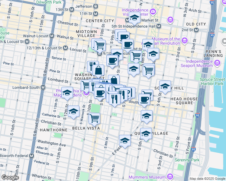 map of restaurants, bars, coffee shops, grocery stores, and more near 812 Lombard Street in Philadelphia