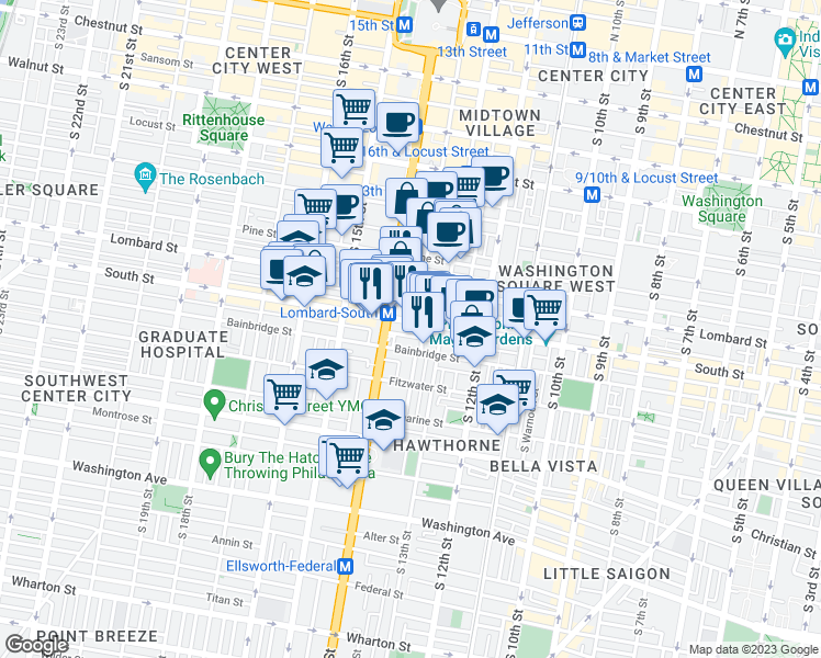 map of restaurants, bars, coffee shops, grocery stores, and more near 201 Street in Camden