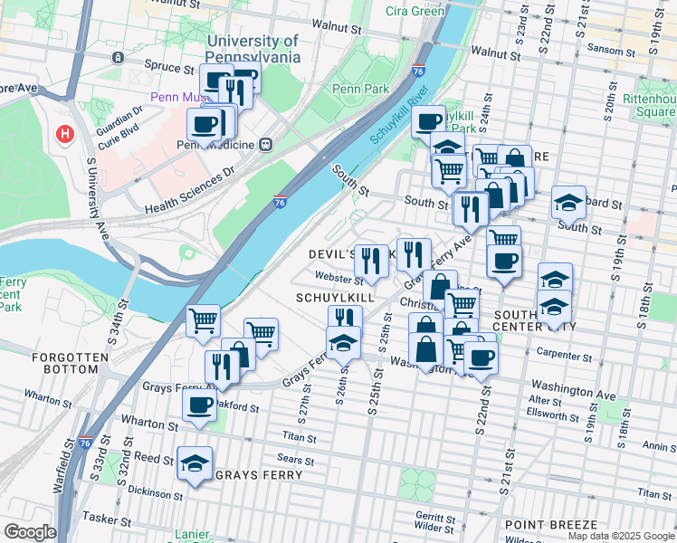 map of restaurants, bars, coffee shops, grocery stores, and more near 2644 Catharine Street in Philadelphia